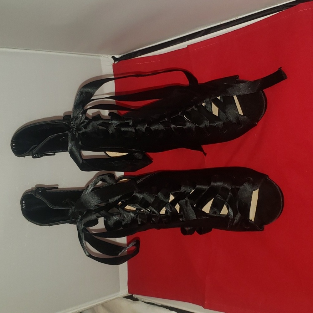 Aldo black satin lace up high heels